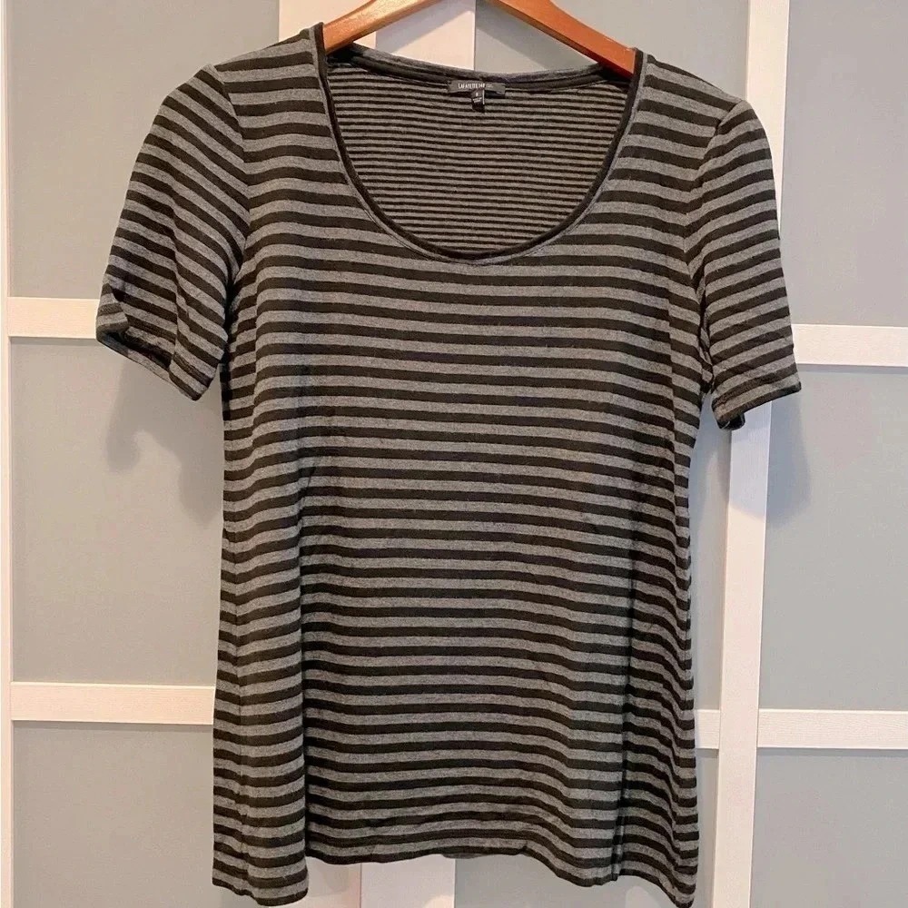 Lafayette 148 Scoop Neck BLACK/DARK GRAY Striped Modern Luxury T-shirt Small EUC - Picture 2 of 8